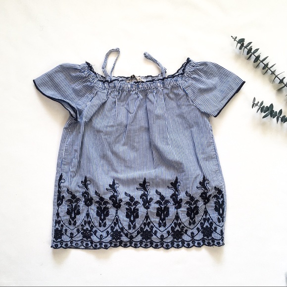 Other - Girls 7 Pinstripe Embroidered Cold Shoulder Blouse
